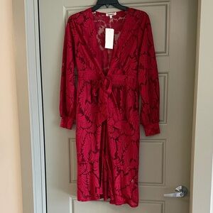 Red Patterned Long Sleeve Tie-Waist cardigan